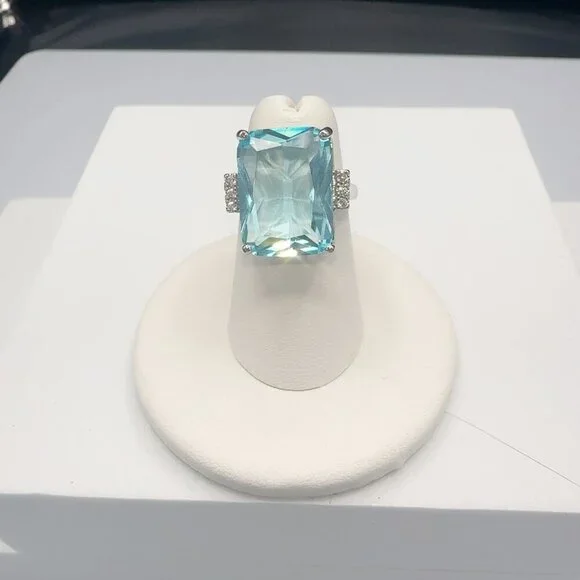 Aquamarine CZ Silver Tone Cocktail Ring Size 6-10 - Picture 8 of 11